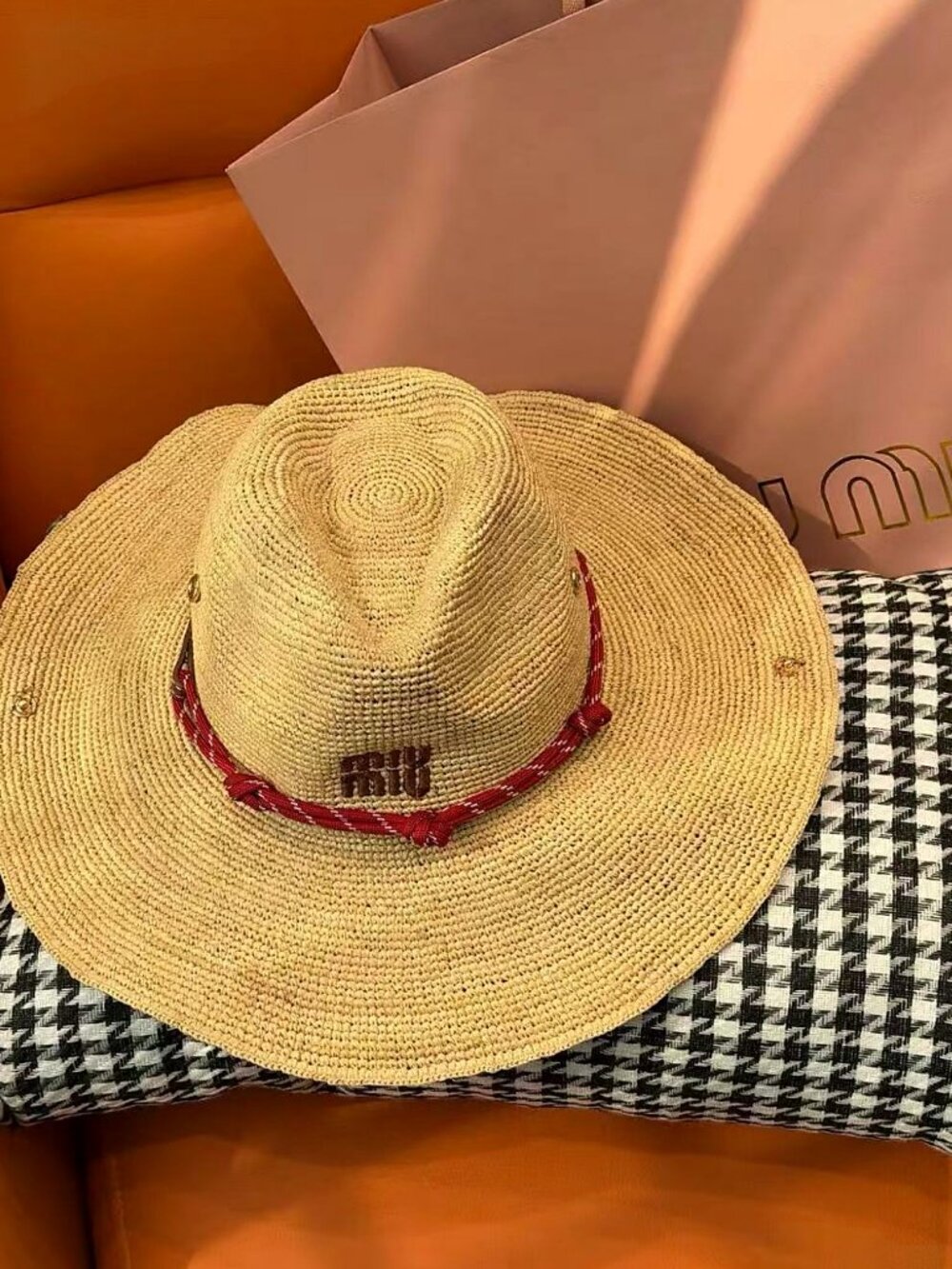 Miu Miu Natural Raffia Red Band Wide Brim Sun Hat
